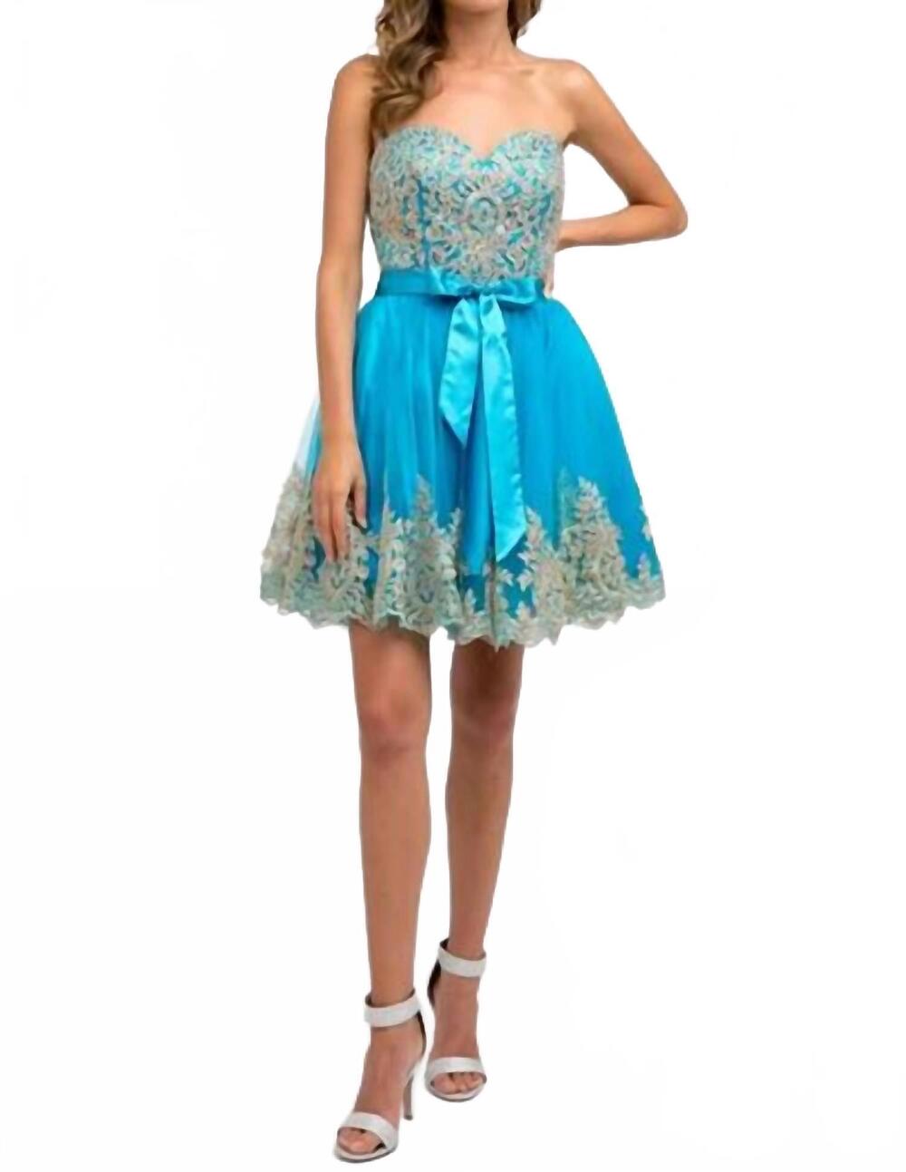 NEW JULIET homecoming beaded mini cocktail dress in cyan blue /gold